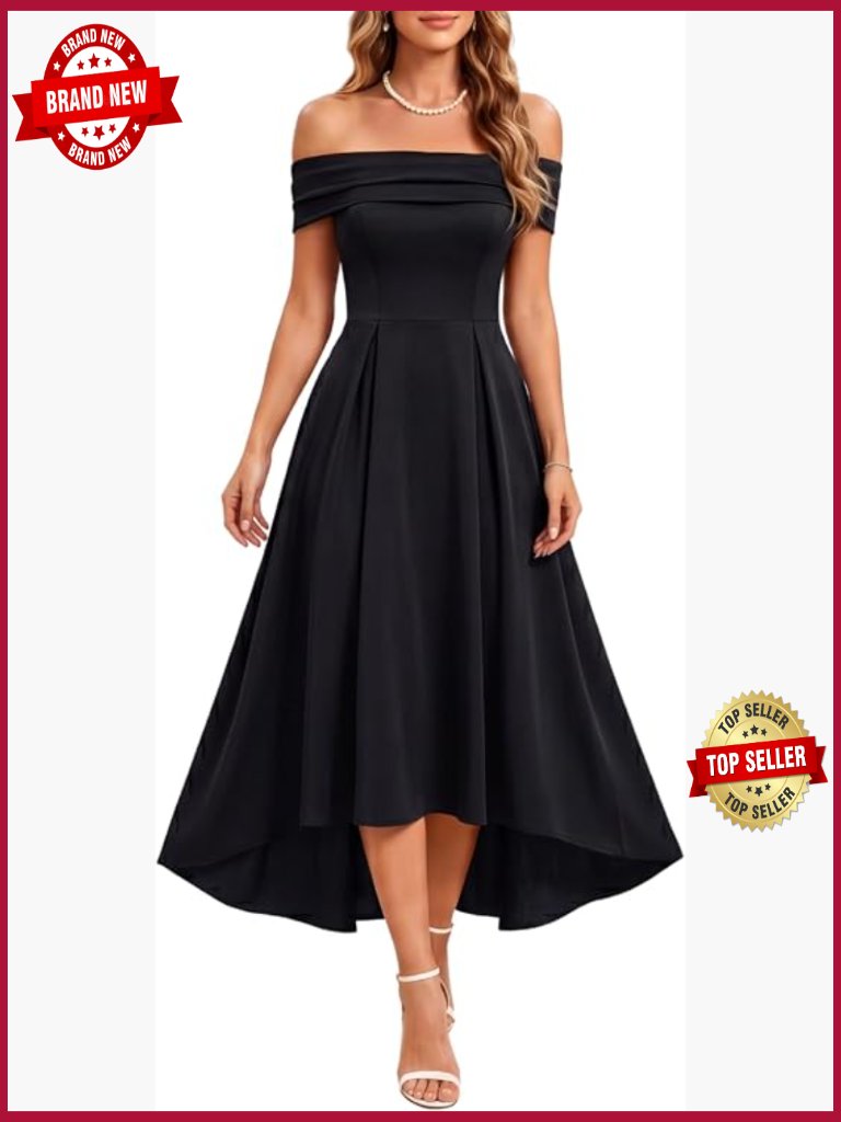 Off Shoulder A-Line Midi Cocktail Dress With High Low Hem